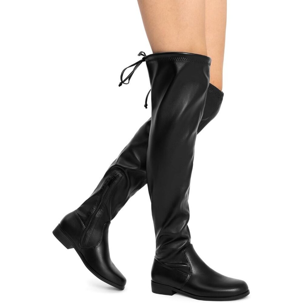 🆕Women's Black-pu Thigh High Low Block Heel Casual Fashion Over the Knee Boots - Picture 7 of 8